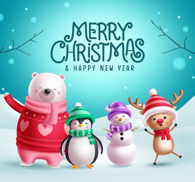Feliz Navidad saludo diseño vectorial personajes navideños como agitar oso polar sonriendo pingüino