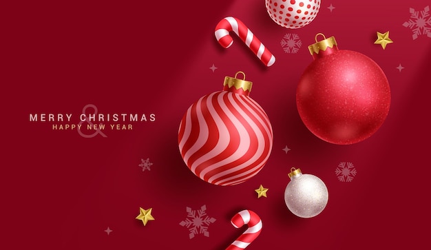 Feliz Navidad saludo diseño vectorial tarjeta de invitación de Navidad con bolas de Navidad caña de caramelo