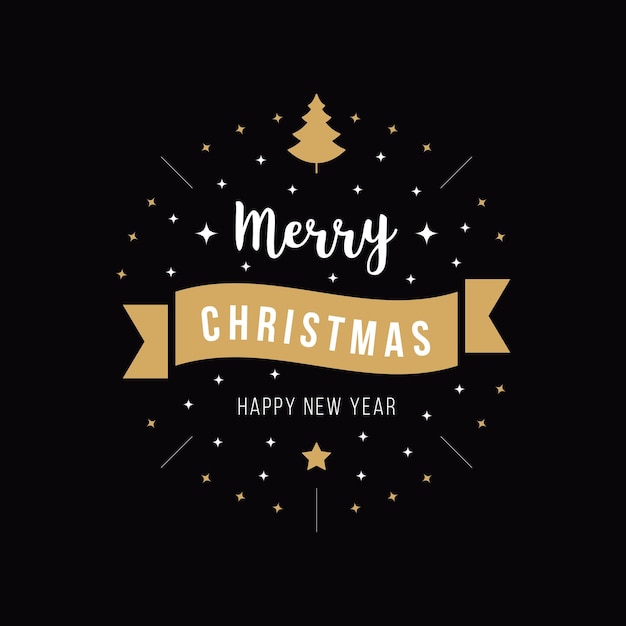 Feliz navidad saludo texto adornos árbol oro negro fondo
