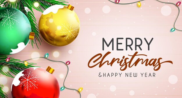 Feliz navidad saludo vector diseño de fondo Feliz navidad texto con bolas y hojas
