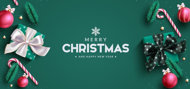 Feliz Navidad saludo vector diseño de fondo texto de saludo de Navidad con caja de regalos bola de Navidad