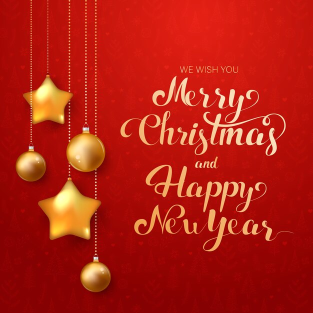 Feliz Navidad saludos con bola, estrellas y letras dibujadas a mano