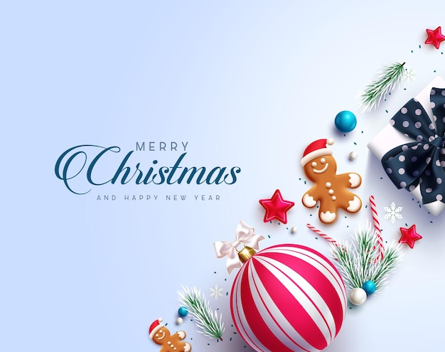 Feliz Navidad saludos diseño de fondo vectorial texto de saludos de Navidad con bola de Navidad de rayas