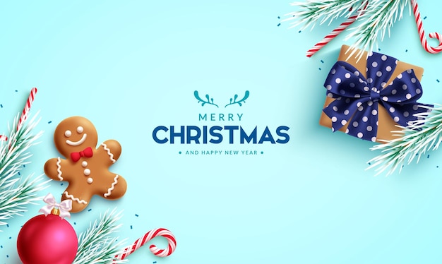Feliz Navidad saludos diseño de pancarta vectorial texto de saludos de Navidad con caja de regalos hojas de abeto