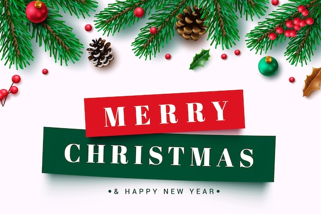 Feliz Navidad saludos diseño de plantilla vectorial texto de saludos de Navidad con hojas de pino