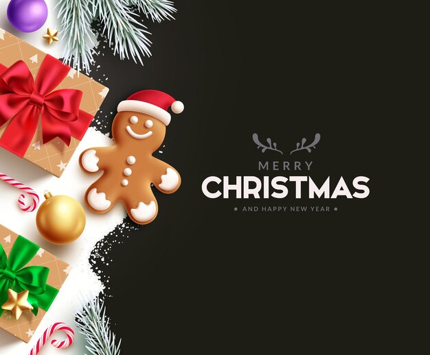 Feliz Navidad saludos diseño de plantilla vectorial texto de saludos de Navidad con regalo de pan de jengibre