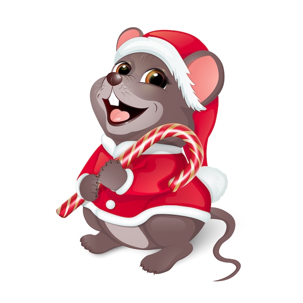 Feliz navidad saludos. feliz ratón con un traje rojo de santa.