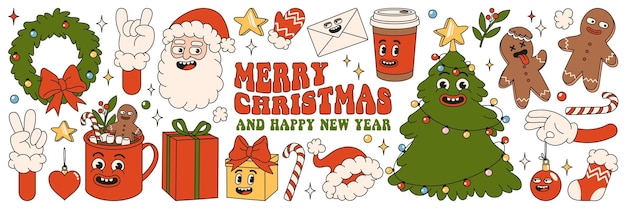 Feliz Navidad Santa árbol regalos cacao café pan de jengibre en estilo de dibujos animados retro de moda