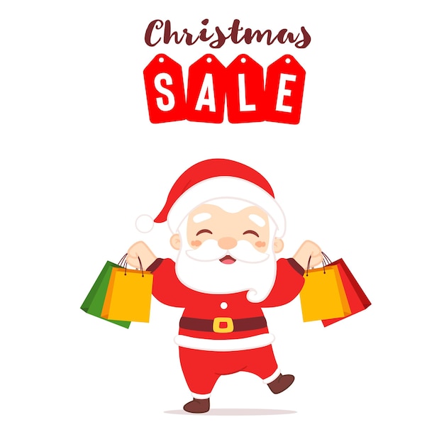 Feliz navidad santa claus llevar muchas bolsas de compras en venta de navidad