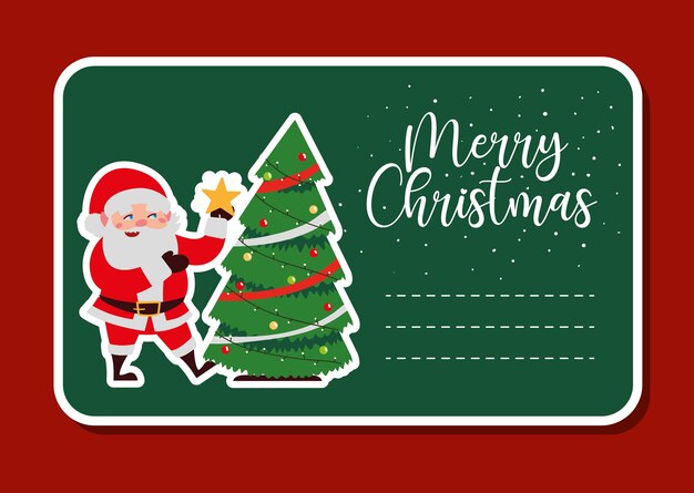 Feliz navidad santa con ilustración de etiqueta de decoración de estrella y árbol