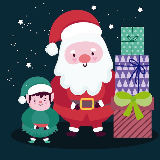 Feliz navidad santa lindo con duende y cajas de regalo