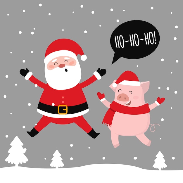 Vector feliz navidad santa y pig divirtiéndose juntos hohoho vector