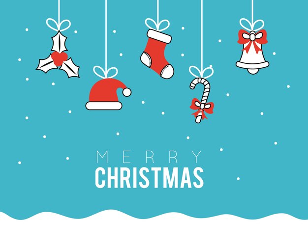 Feliz navidad set line iconos colgando en diseño de ilustración de paisaje nevado
