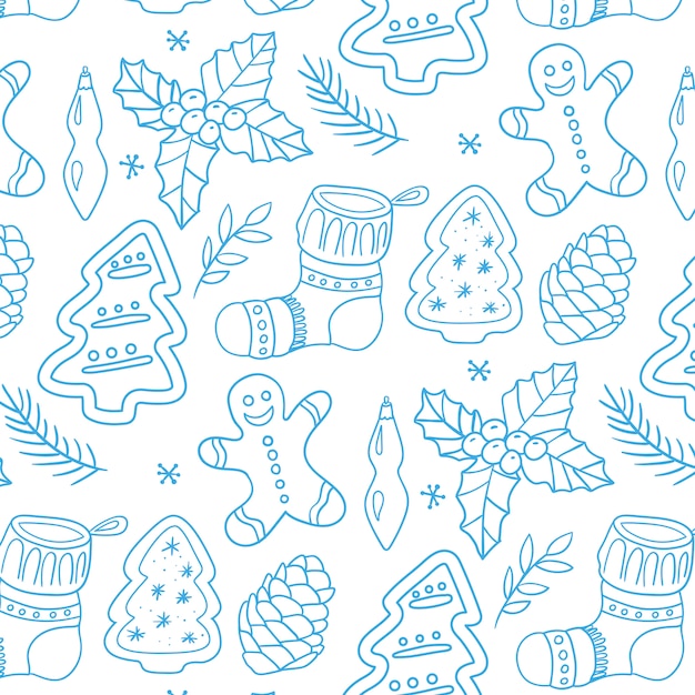 Feliz Navidad símbolos tradicionales en estilo de patrón de doodle