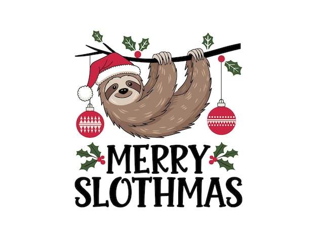 Feliz Navidad Sloth Hanging Branch Diseño vectorial del sombrero de Santa