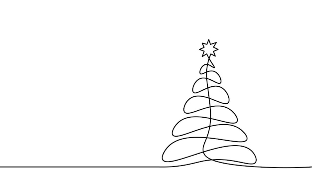 Feliz Navidad solo arte de línea continua. Concepto de silueta de árbol de Navidad de decoración de tarjeta de felicitación de vacaciones. Bosque de abetos diseño de madera un boceto dibujo de esquema ilustración vectorial