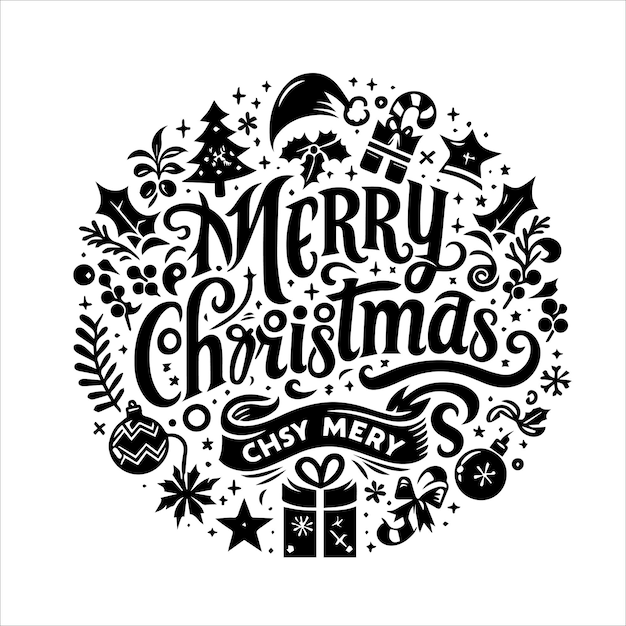 Feliz Navidad Svg Ilustración vectorial de diseño silueta de color negro fondo blanco paquete