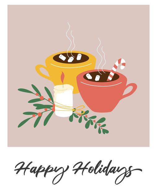 Feliz Navidad tarjeta con dos tazas de cacao caliente malvaviscos y vela