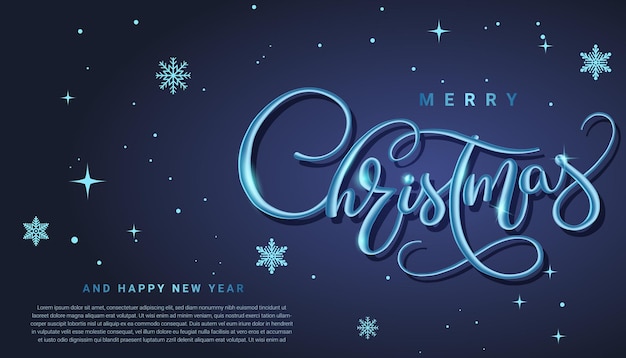 Feliz Navidad tarjeta de felicitación azul con vector de tipografía 3d en copo de nieve