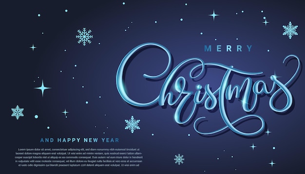 Feliz navidad tarjeta de felicitación azul con vector de tipografía 3d en copo de nieve