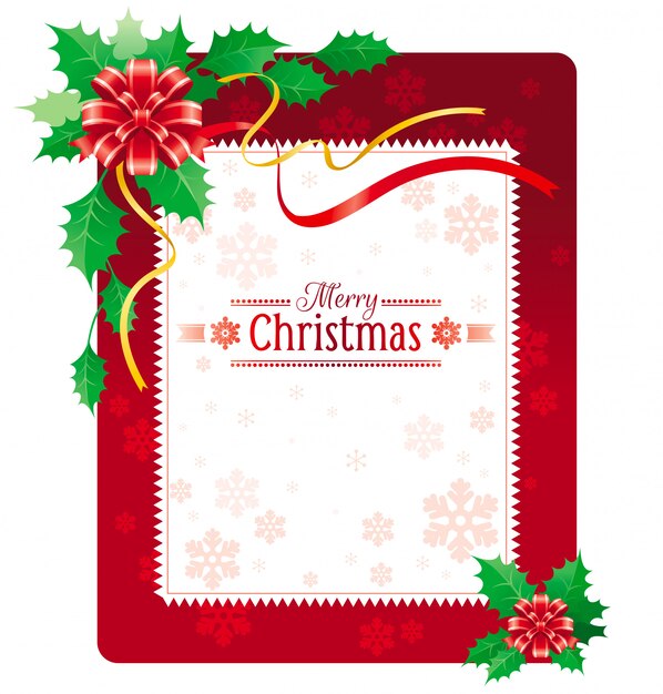 Feliz Navidad tarjeta de felicitación. Banner de vacaciones con arco, hojas de acebo.
