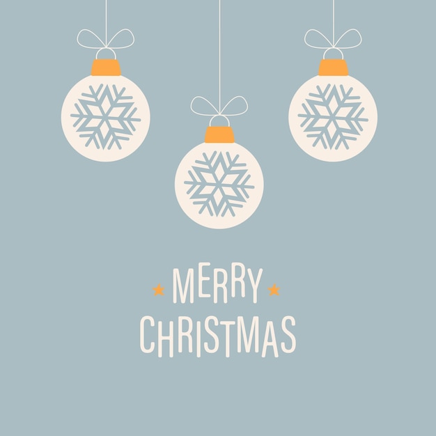 Feliz Navidad tarjeta de felicitación con bolas de Navidad blancas colgantes y texto sobre un fondo azul.