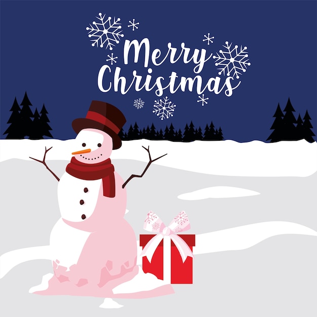 Feliz navidad tarjeta de felicitación muñeco de nieve con regalo en la ilustración de paisaje de invierno