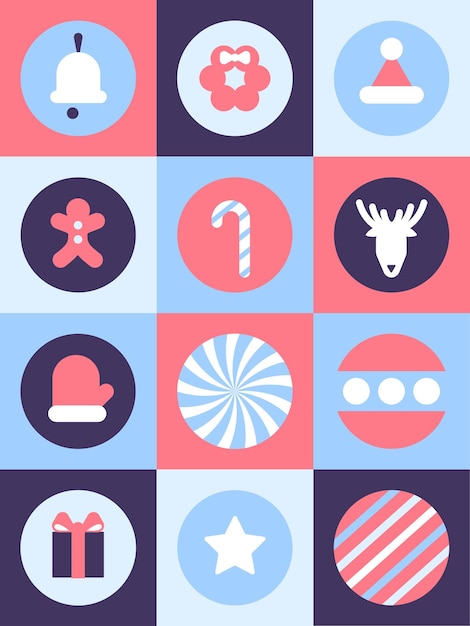 Feliz Navidad Tarjeta de felicitación plantilla de diseño plano con formas geométricas e íconos simples Navidad
