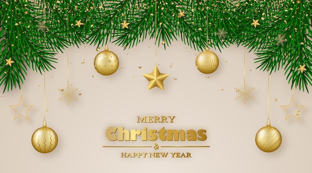 Feliz Navidad tarjeta de felicitación ramas de árboles de Navidad guirnalda bolas decoración de oro y confeti