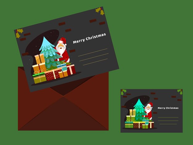 Vector feliz navidad tarjeta de felicitación con sobre sobre fondo verde