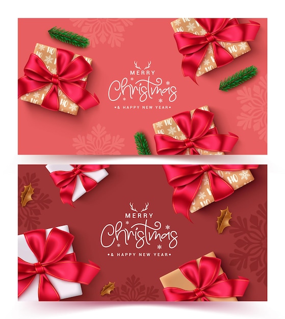 Feliz Navidad tarjeta de felicitación vectorial set de pancartas diseño de Navidad y feliz año nuevo texto