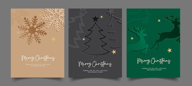 Feliz Navidad tarjeta de felicitaciones póster vectorial conjunto de texto de felicitación de Navidad con copos de nieve pino