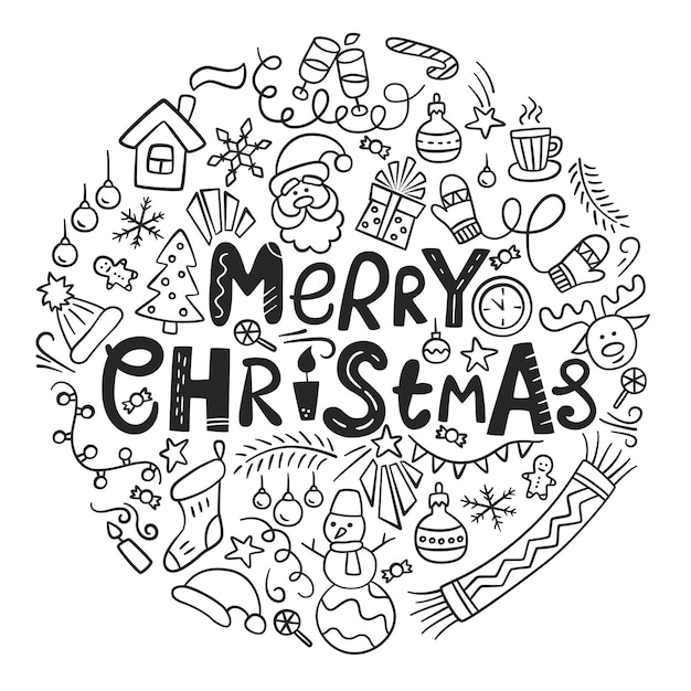 Feliz navidad tarjeta de navidad con letras y garabatos ilustración vectorial en estilo doodle