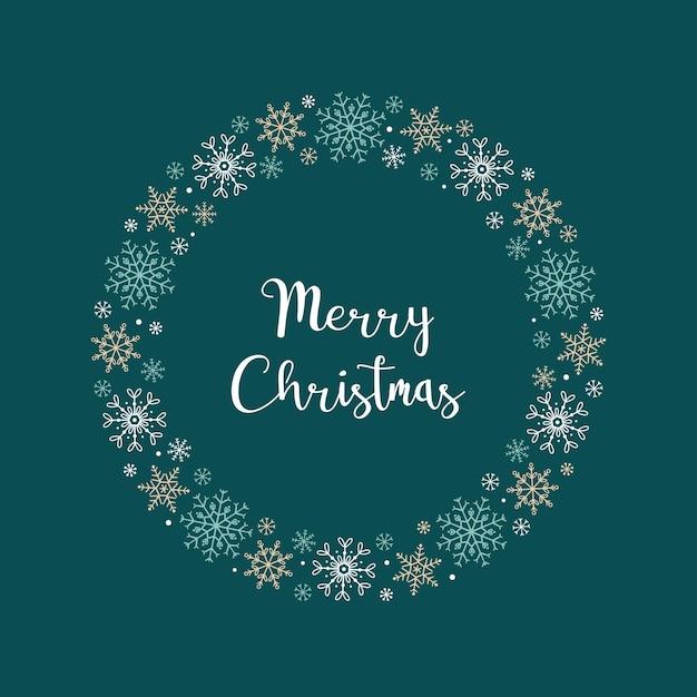 Feliz Navidad. Tarjeta de Navidad con un marco redondo de una variedad de copos de nieve y una inscripción sobre un fondo verde.