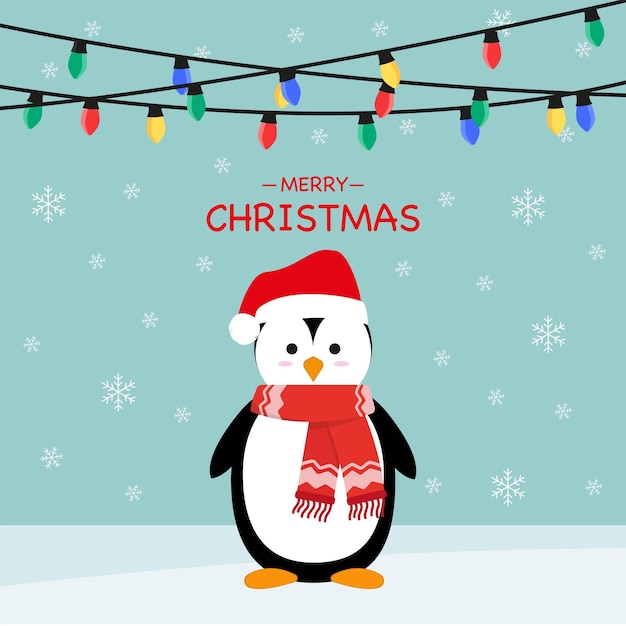 Vector feliz navidad tarjeta postal de invierno pingüino ilustración vectorial