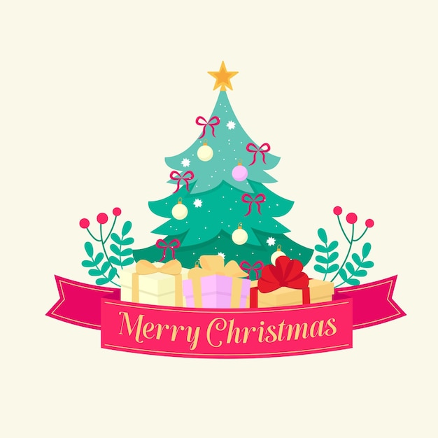 Feliz Navidad tarjeta con regalos y un árbol de Navidad ilustración vectorial