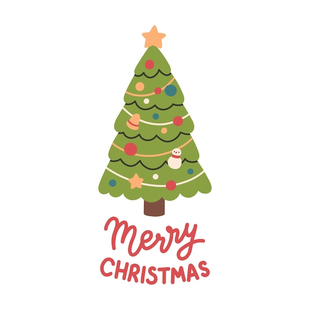Feliz Navidad tarjeta simple sobre fondo blanco con texto escrito a mano diseño plano de árbol de Navidad