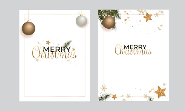 Feliz navidad tarjetas de felicitación decoradas con adornos 3d cuelgan, estrellas doradas, copos de nieve, hojas de abeto sobre fondo blanco.