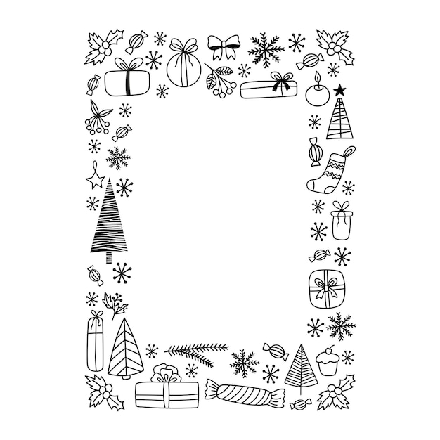 Feliz Navidad tarjetas de frontera con clipart de garabateo de invierno Impresión vectorial dibujada a mano
