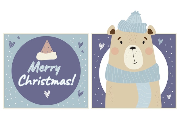 Feliz Navidad tarjetas Lindo oso en invierno sombrero y bufanda Tarjeta cuadrada de año nuevo con lindo animal