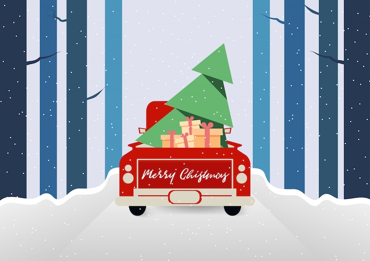 Vector feliz navidad y la temporada de invierno con camión rojo llevan un vector de caja de regalo y árbol de navidad