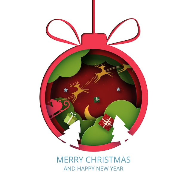 Feliz Navidad y temporada de invierno sobre fondo rojo Bola de Navidad roja decorada con caja de regalo y santa claus en trineo Arte de papel