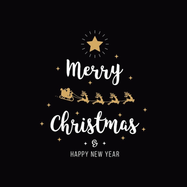 Feliz Navidad texto de felicitación de oro Santa trineo fondo negro
