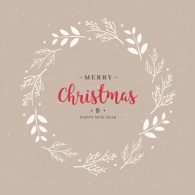 Feliz Navidad texto de felicitación rama corona círculo de fondo