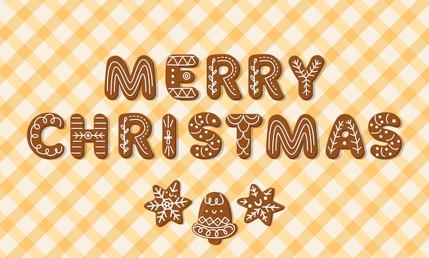 Feliz Navidad texto hecho de galletas de jengibre sobre fondo de tela