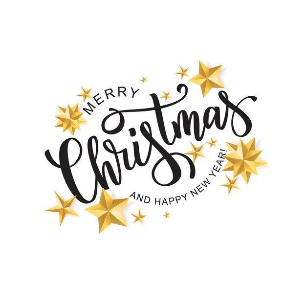 Feliz Navidad texto de letras a mano con estrellas doradas en diferentes formas.