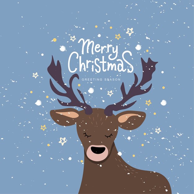 Feliz Navidad texto de letras a mano sobre fondo de textura con cabeza de ciervo.