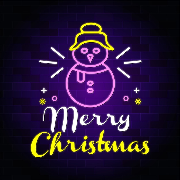 Feliz navidad texto de neón con diseño de vector de muñeco de nieve de navidad