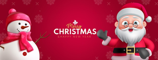 Feliz Navidad texto de saludo diseño vectorial de Navidad hombre de nieve y personajes de Santa Claus en vacío