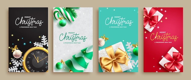 Feliz navidad texto vector set diseño de carteles Navidad y feliz año nuevo tarjeta de felicitación con regalos